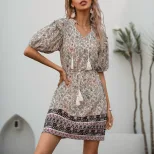 Vintage Bohemian Floral Maxi Dress Slim Fit V Neck Tassel Detail Perfect for Summer Events Whole