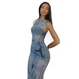 Fashionable Womens Bodycon Maxi Dress European Style Sleeveless Halter Neck Denim Patchwork Perfect for Parties