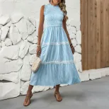 Summer Sleeveless Dress Sweet Lace Trim Striped Pattern Casual Style Perfect for Warm Weather Oc