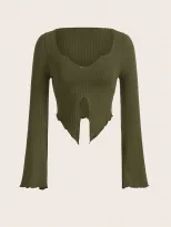 Irregular Split Long Sleeve T Shirt for Women Trendy European Style Ribbed Knit Fabric Versatile
