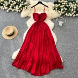 Summer Womens Maxi Dress Elegant Backless Design Adjustable Straps Available in Green and Red Wholesale Supply
