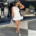 Casual Short Sleeve Dress Solid Color Pleated Slim Fit Elegant Style for Parties or Daily Wear W