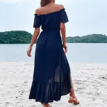 Off Shoulder Irregular Hem Dress Solid Color Summer Vacation Style Lightweight Fabric Wholesale