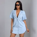 Loose Fit Denim Shirt Short Sleeve Lapel Collar Casual Style Perfect for Summer Wear Ready to Sh
