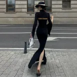 Black Fishtail Dress Slim Fit High Neck Hollow Out Side Split Elegant Evening Wear Wholesale Ava