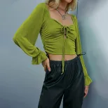 Womens Sexy Hollow Out Long Sleeve Crop Top Puff Sleeve Slim Fit Autumn Winter Style Wholesale A