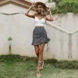 Black Ruffled Mini Skirt Drawstring Floral Print Summer Style Perfect for Casual Outings Wholesa