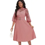 Plus Size Womens Lace Panel Pleated Hollow Out Dress Elegant Design Summer Style African Fashion