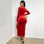 Elegant Velvet Long Sleeve Dress Slim Fit Solid Color Split Design Autumn Winter Fashion for Par
