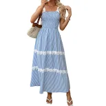 French Style Striped Lace Maxi Dress Sleeveless Flowy Elegant Design Perfect for Summer Events W