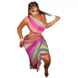 Fashionable Womens Rainbow Print Bodycon Dress Asymmetrical Neckline Summer Beach Style Wholesal