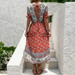 Summer Ethnic Print Irregular Dress Slim Fit Bohemian Style Vacation Wear Wholesale Available