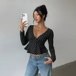 Polka Dot V Neck Long Sleeve T Shirt for Women Slim Fit Waist Cinching Lightweight Casual Wear o