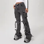 Womens Straight Leg Denim Cargo Pants Mid Rise Large Pockets Casual Style Wholesale Available