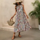 Vintage Bohemian Print Sleeveless Dress Stand Collar Drawstring Waist Relaxed Fit Perfect for Su