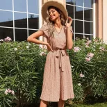 Summer Floral Green Pleated V Neck Dress Lightweight Fabric Elegant Design Perfect for Casual Ou