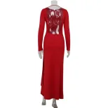 Elegant Long Sleeve Maxi Dress Round Neck Open Back Waist Tie Slim Fit Evening Wear Red Carpet R