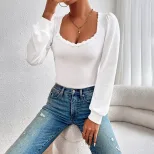 Womens V Neck Puff Sleeve T Shirt Slim Fit Lace Trim Fashionable Versatile Spring Summer Style W