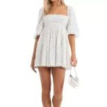 Plus Size Loose Sequin Mini Skirt Dress Short Sleeve Square Neck Solid Color Flared Hem Summer C
