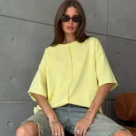Womens Loose Fit Cotton T Shirt Distressed Short Sleeve Color Block Design Spring Summer Casual