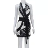 Nordic Style Floral Print Halter Neck Backless Dress Classic Design Waist Defined Short Length I