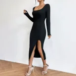 Elegant French Style Midi Dress for Women Square Neck Spring Summer Chic Design Wholesale Availa