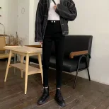 跨境2023春秋新款韩版黑色牛仔裤女 学生高腰显瘦紧身小脚直筒裤
