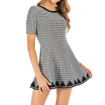 Vintage Black Houndstooth Print Dress Short Sleeve Loose Fit Retro Style Perfect for Casual Outi