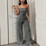 Summer Womens Denim Jumpsuit Casual Sleeveless Adjustable Straps Comfortable Fit Perfect for Out