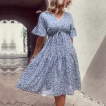Blue Floral Print V Neck Summer Dress for Women Fresh and Sweet Style Available in Multiple Sizes Wholesale Supply