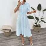 Striped Puff Sleeve Shirt Dress Summer Long Dress for Dating and Commuting Lightweight Stylish C