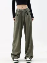 绿色直筒牛仔裤女2023春秋季新款学生大码可调节高腰宽松阔腿长裤