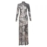 Fashionable Womens Sheer Mesh Floral Print Dress High Neck Slim Fit Trendy Style Perfect for Spr