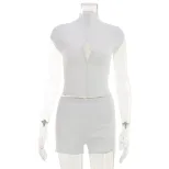 Fashionable Womens Two Piece Set Slim Fit Top with Hidden Buttons Solid Color Shorts Casual Summ