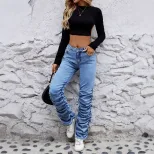 Womens Casual Layered Wide Leg Wrinkled Denim Pants Stretchy Fabric Relaxed Fit Trendy Style Who