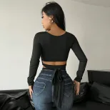 Slim Fit Long Sleeve T Shirt Unique Design Sexy Hollow Out Short Crop Style Spring Summer Womens