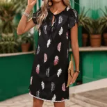 Summer Floral Print Dress Lace Panel Feather Design Straight Silhouette Casual Wear for Women Wh