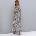 Vintage Floral Print Asymmetrical Off Shoulder Dress Short Sleeve Sweet Style Summer Wear Wholes