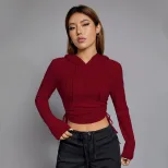 Womens Slim Fit Hooded T Shirt Burgundy Color Casual Style Autumn Winter Wear Wholesale Availabl