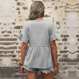 Casual Loose V Neck T Shirt Ruffle Sleeve Solid Color Trendy Style Perfect for Vacation Wear Who