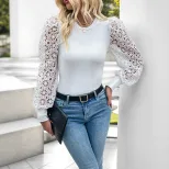 White Long Sleeve Lace T Shirt for Women Vintage Style Casual Wear low MOQ