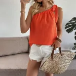 French Style Womens Summer T Shirt Sexy One Shoulder Sleeveless Lightweight Fabric Casual Wear W