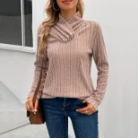 Womens Long Sleeve Top Solid Color Mid Neck Casual Style Perfect for Autumn Wear Wholesale Avail
