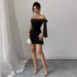 Elegant Off Shoulder Black A Line Mini Dress with Ruffled Details Slim Fit Chic Style for Partie