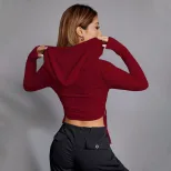 Womens Slim Fit Hooded T Shirt Burgundy Color Casual Style Autumn Winter Wear Wholesale Availabl