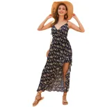 Floral Summer Dress Ruffled Hem Asymmetrical Design Spaghetti Straps Casual Wear for Women Whole