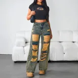 Vintage Distressed Wide Leg Womens Jeans Loose Fit Casual Style Perfect for Everyday Wear Ready