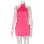 Chic Satin Feel Midi Dress Trendy Halter Neck Versatile Rose Pink Elegant Style Perfect for Part