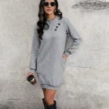 Fall Womens Long Sleeve Midi Dress Solid Color Straight Cut Comfortable Fabric Casual Wear Whole