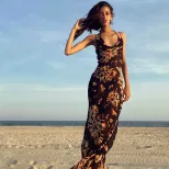 Vintage Floral Maxi Dress Sleeveless Flowy Sexy Neckline Summer Beach Vacation Wear Wholesale Av
